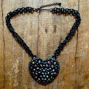 Large Heart Statement Necklace with Multicolored Rhinestones, Black Metal